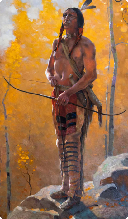 Native American warrior holding a bow in an autumn forest.