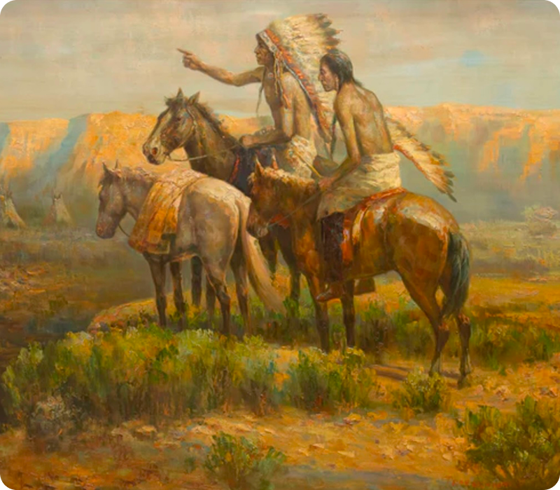 Native Americans on horseback in landscape